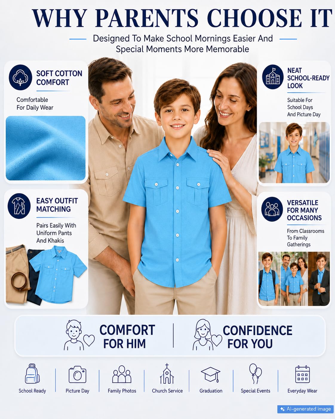 Boys' Short-Sleeve School Shirt Button Placket Casual – Ocean Blue 12