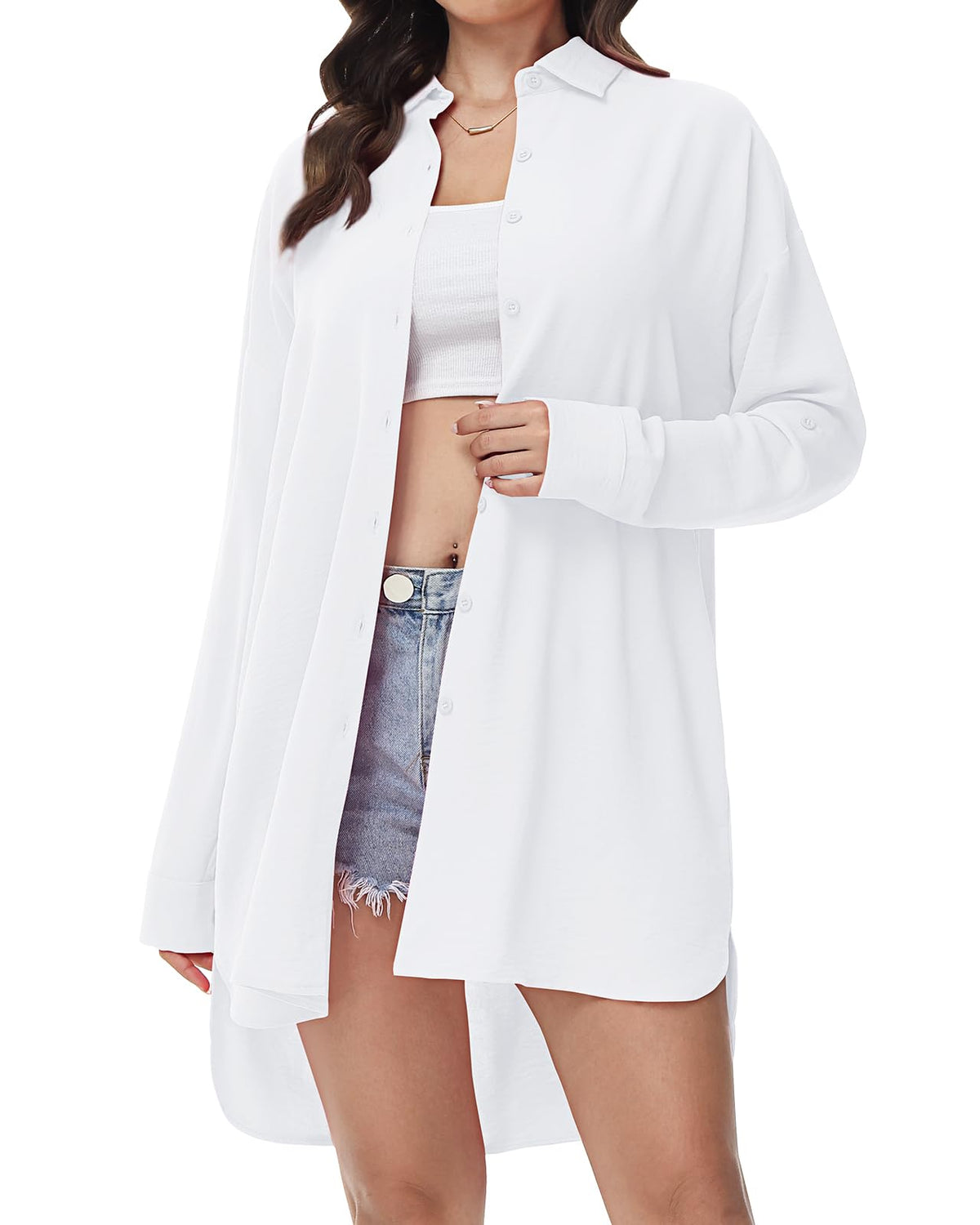 Women's V-Neck Long Sleeve Button-Down Blouse Roll-Up Casual Shirt – White M