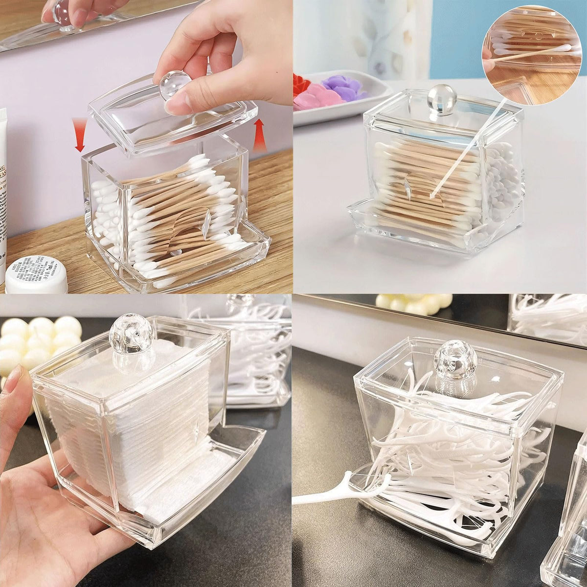 Acrylic Cotton Swab Holder Dispenser with Lid Cotton Pad Organizer – Transparent
