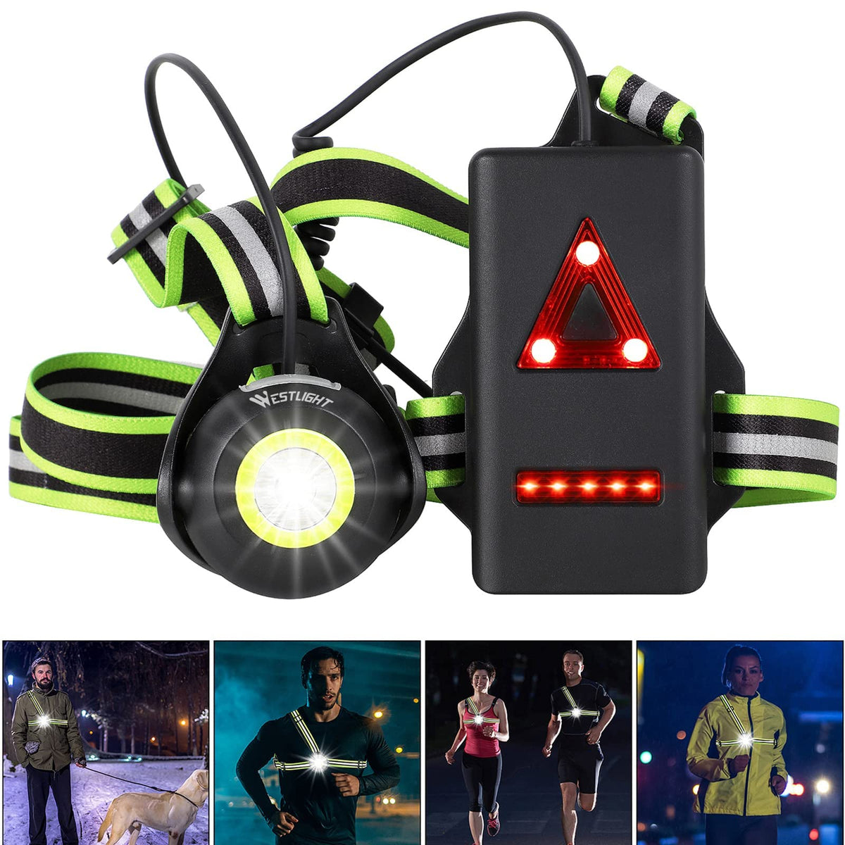 West Biking Running Light, USB Rechargeable Chest Lamp, 90° Adjustable Beam Angle, 500 Lumen Waterproof Running Light with Reflective Straps for Runners, Jogging, Camping