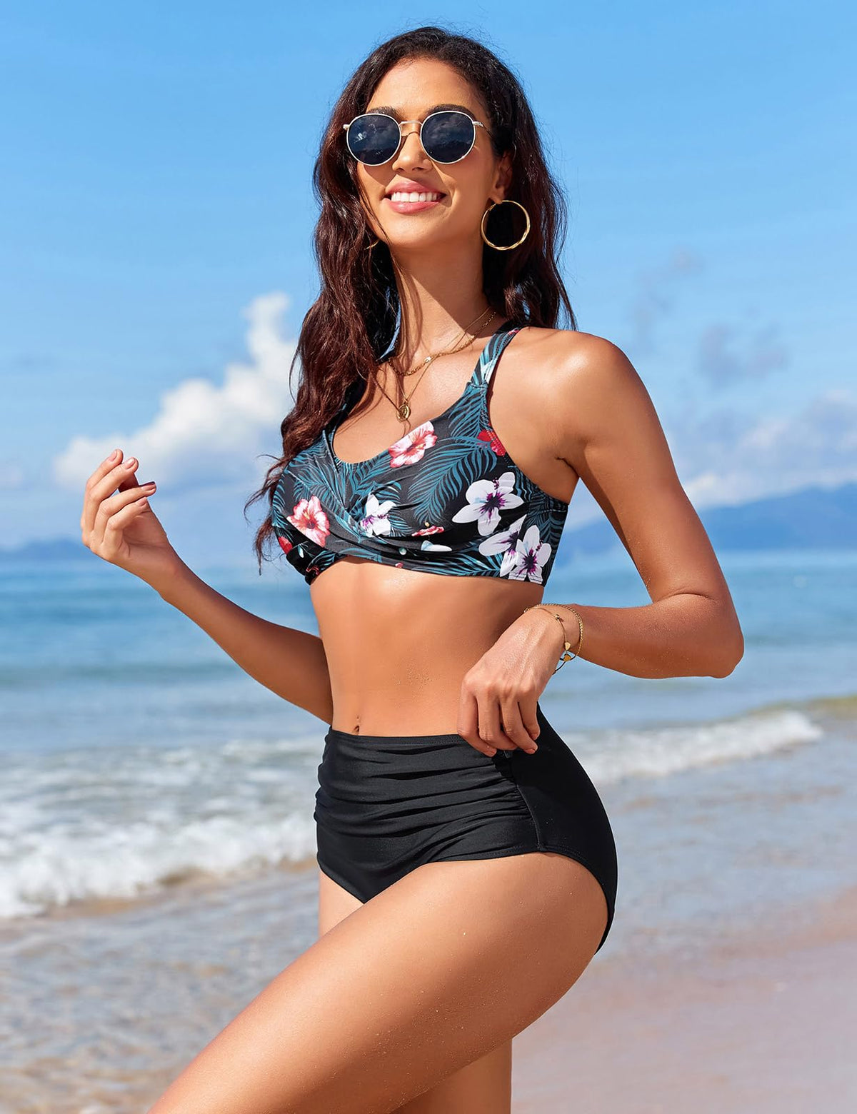 Women's Tummy Control Bikini Set V-Neck Cross Top High-Waist Bottoms – Print A XL