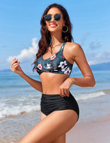 Women's Tummy Control Bikini Set V-Neck Cross Top High-Waist Bottoms – Print A XL