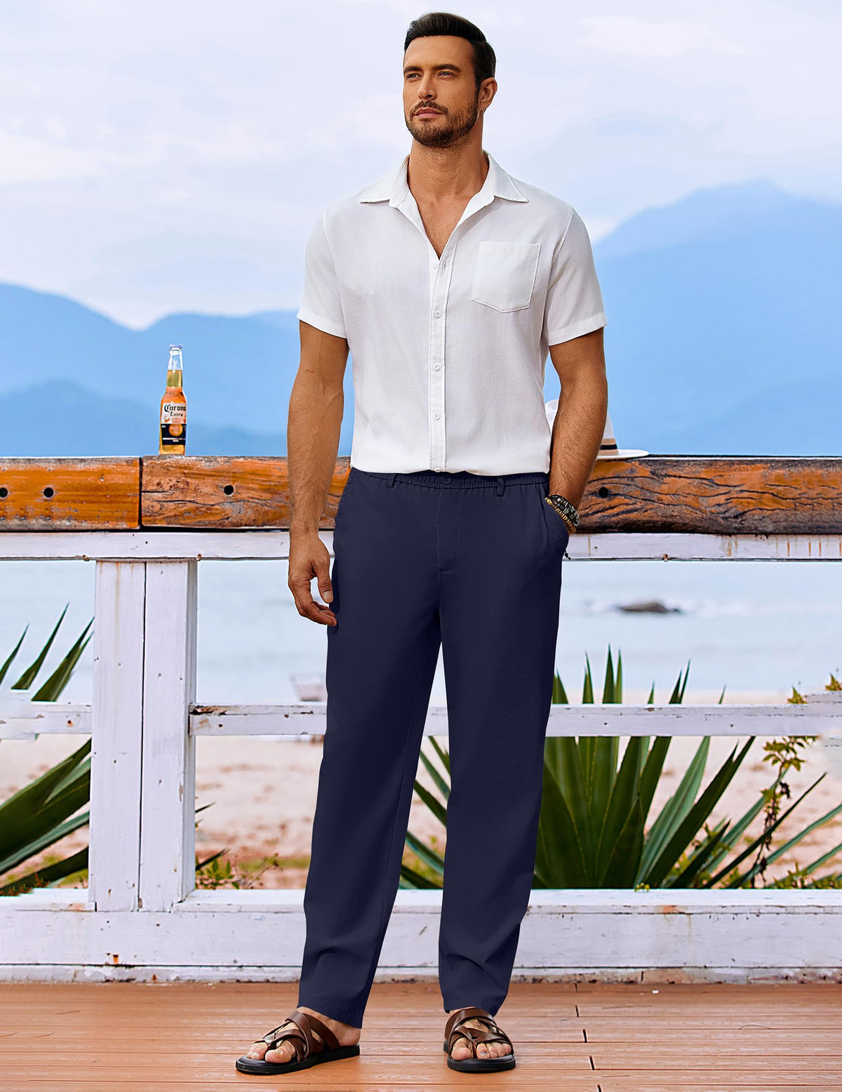 Pantaloni de in pentru bărbați lejeri de vară cu șnur în talie – Bleumarin XXL