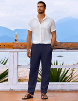 Pantaloni de in pentru bărbați lejeri de vară cu șnur în talie – Bleumarin XXL