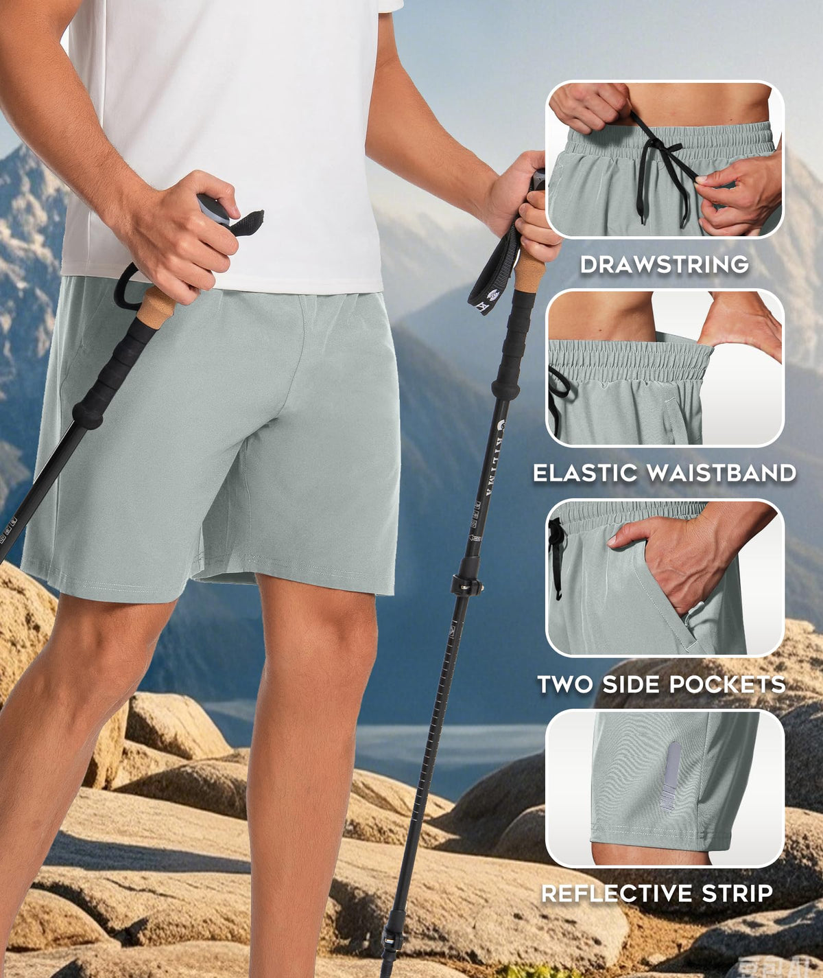 Men's 2-Pack 5in Casual Hiking Shorts Elastic Waist Drawstring Zipper Pocket Waterproof – Black/Blue 3XL