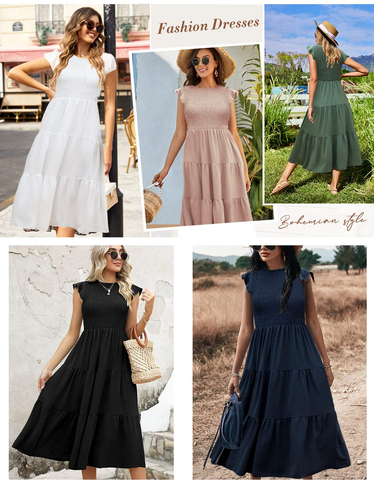Yuson Girl Dress Women's Summer Dress Long Casual Round Neck Flutter Sleeve Maxi Dresses Summer Knee-Length Beach Dress Elastic Waist Long Dresses Tiered Ruffle A Line Dress (Black, XL)