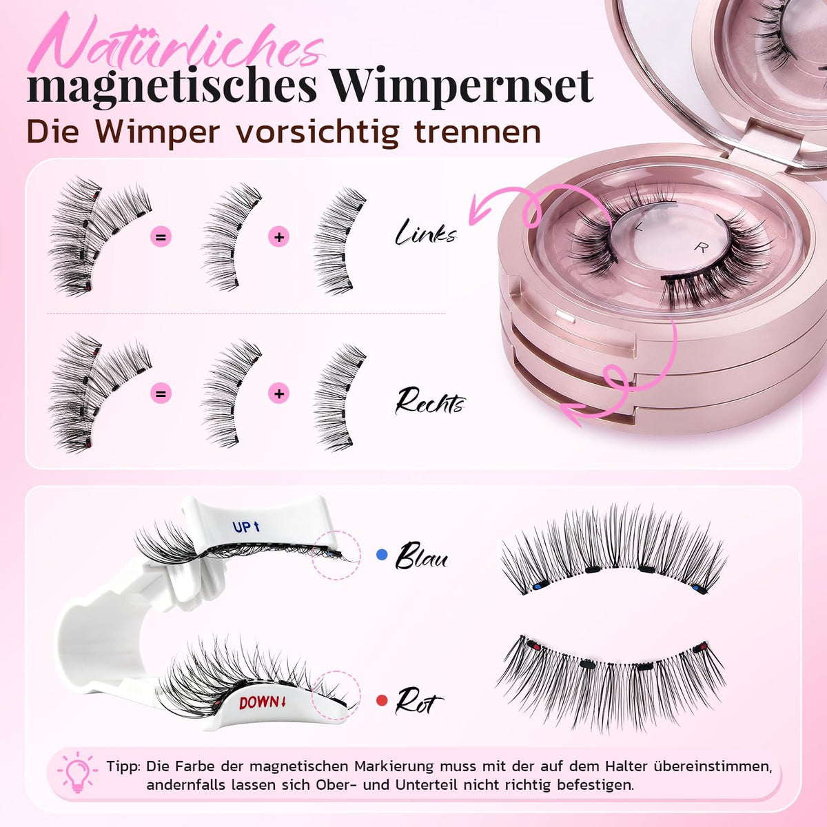 Magnetic False Eyelashes Set 4 Pairs with Applicator & Mirror Box – Pink