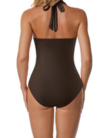 Costum de baie întreg damă tip halter decolteu în V cu efect de aplatizare – Negru