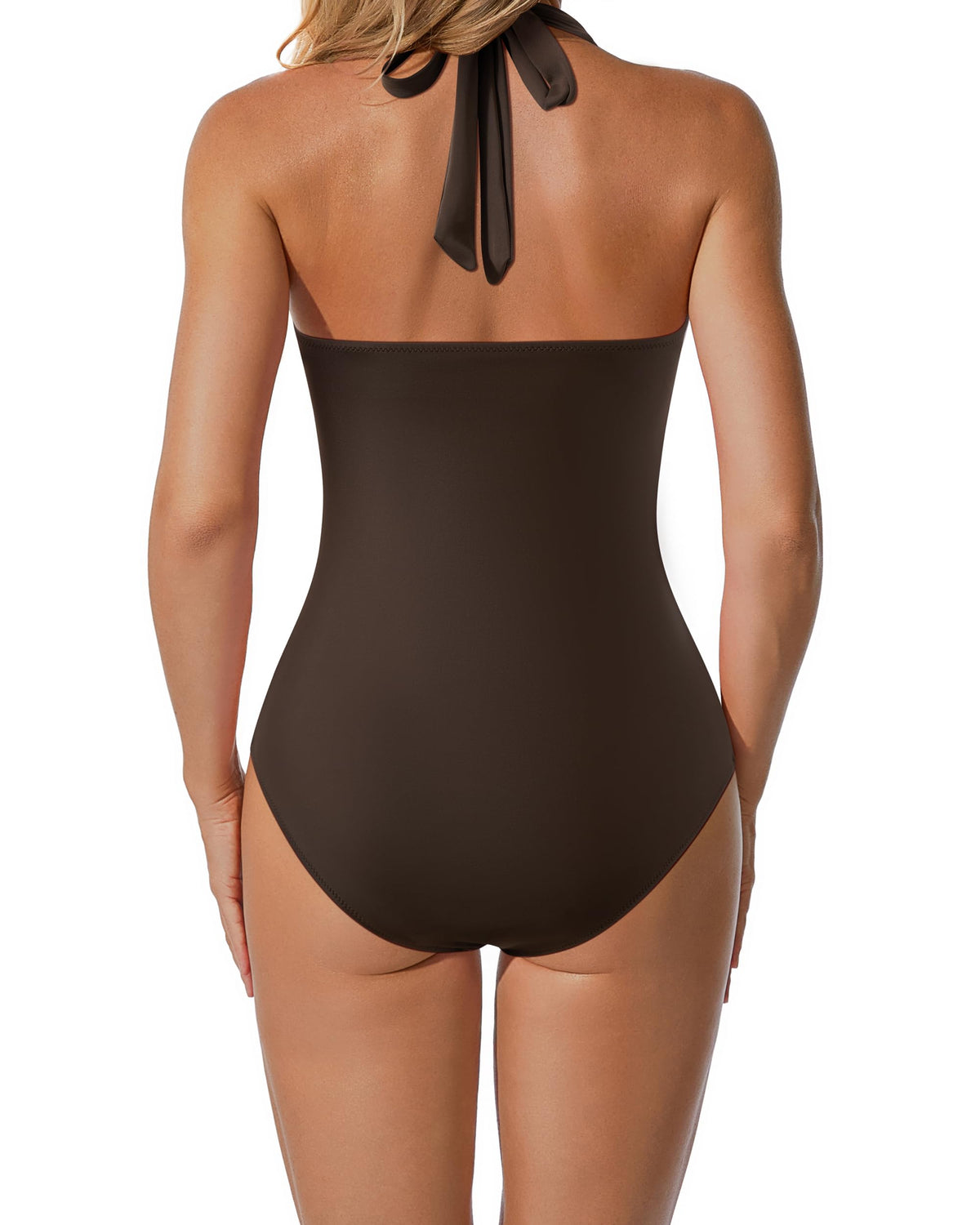 Costum de baie întreg damă tip halter decolteu în V cu efect de aplatizare – Negru