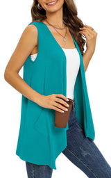 Women's Long Sleeveless Cardigan Open Front With Pockets Hi-Lo Hem – Teal L