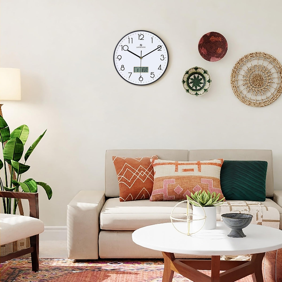 Lafocuse Silent Wall Clock with Calendar Digital LCD, Modern Wall Clock with Date Day of the Week and Thermometer, Black Analog Quartz Clock for Living Room Bedroom Office Kitchen 30cm
