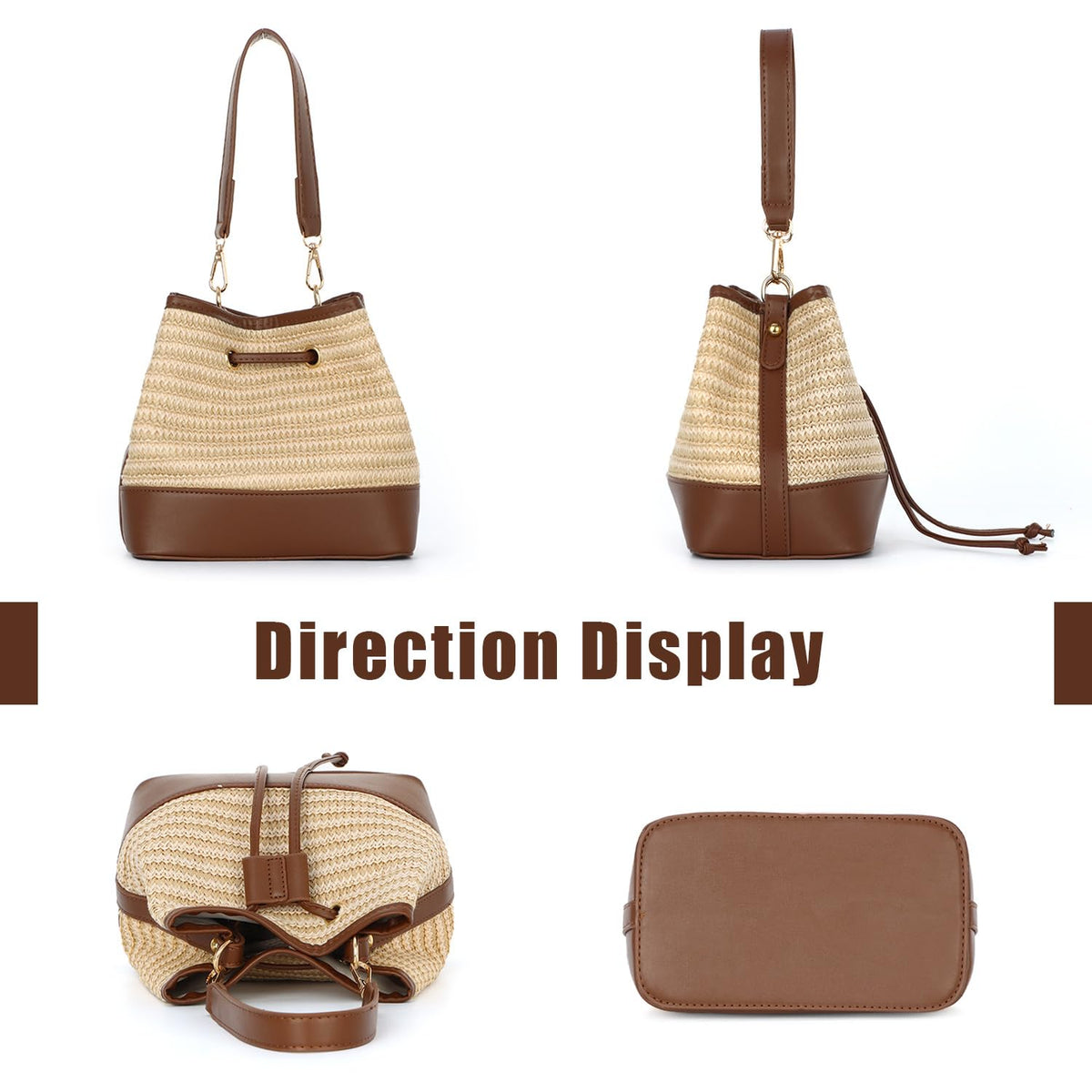 Handwoven Straw Bucket Shoulder Bag Drawstring Beach Handbag – Natural