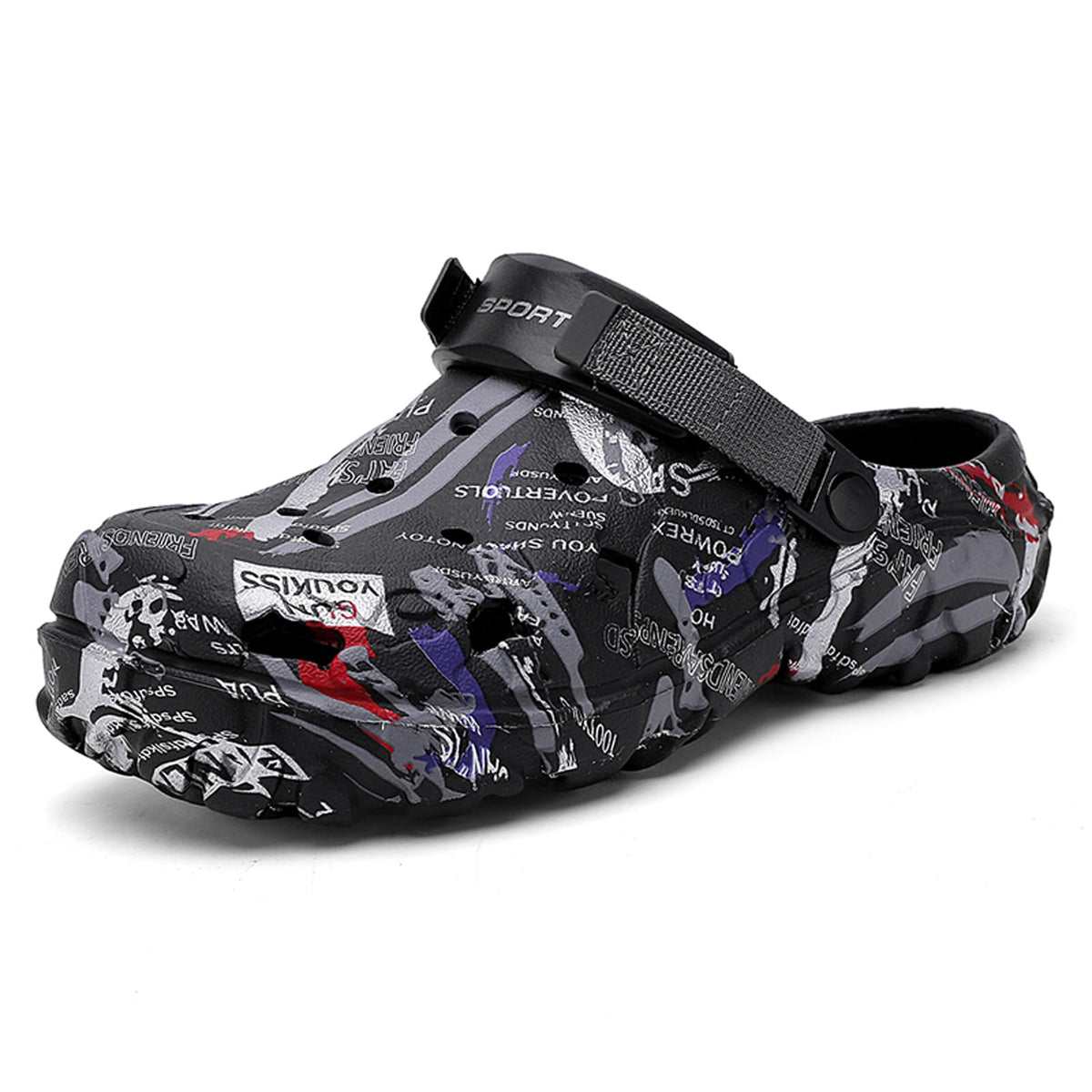 Men's Camouflage Clogs Lightweight Water Shoes Adjustable Heel Strap – Black EU 45
