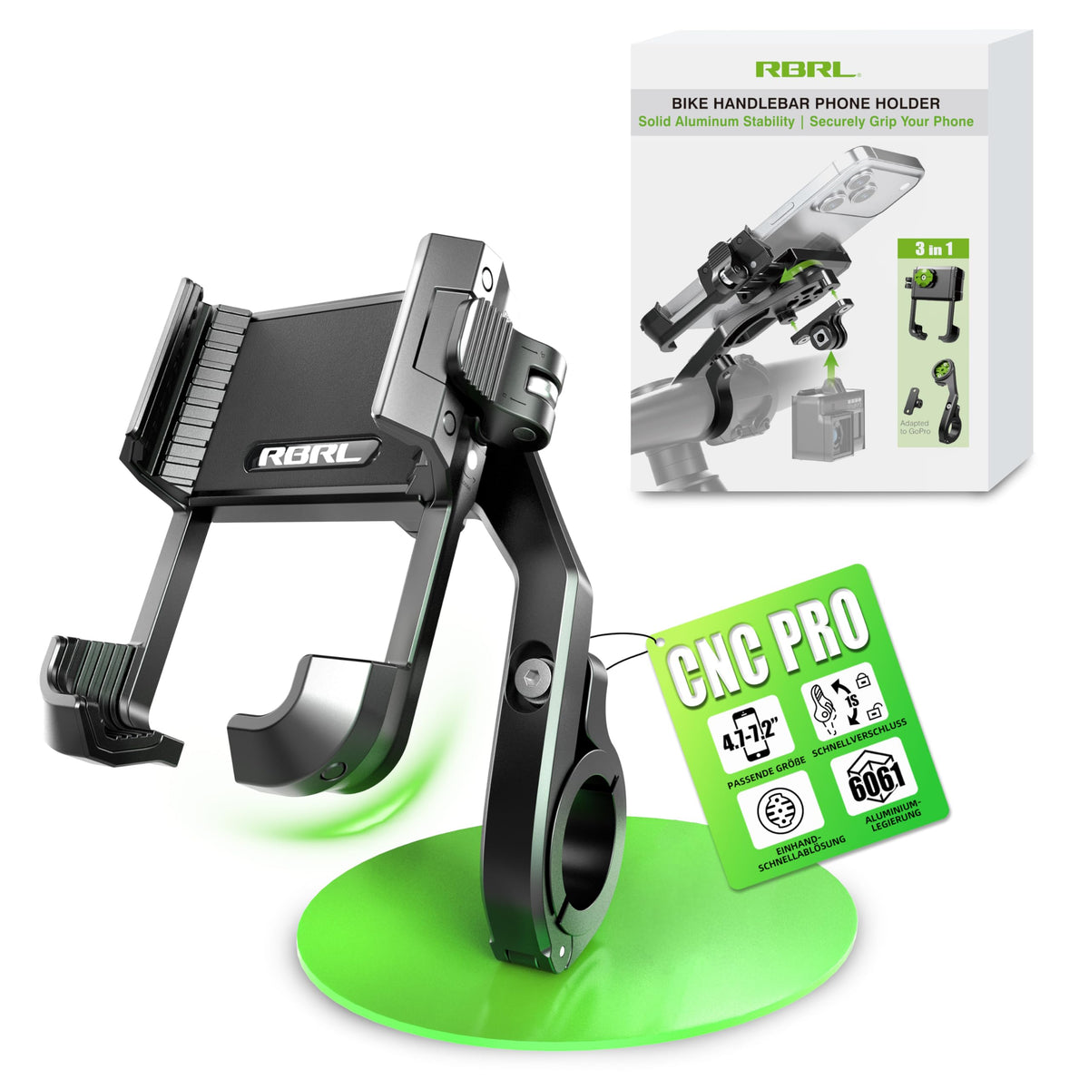 Handlebar Phone Mount Quick Release CNC Aluminium Anti-Vibration V-Clamp Fits 4.7–7.2in Smartphones