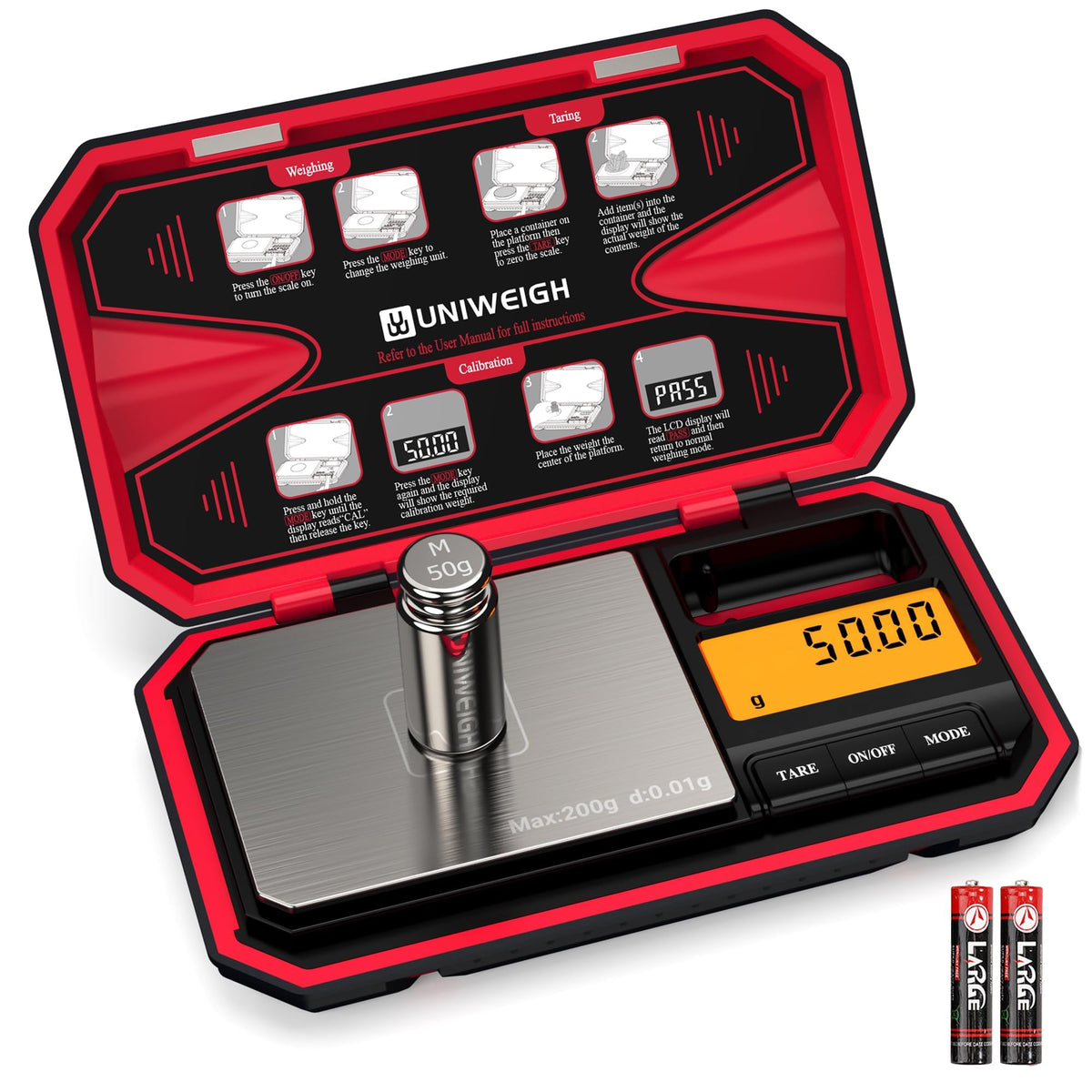Cântar digital de buzunar de mare precizie 200g / 0.01g UNIWEIGH cu greutate de calibrare – Roșu