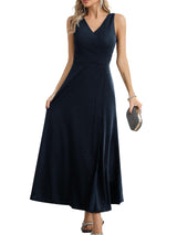 Rochie lungă de seară elegantă petrecută cu decolteu în V și crăpătură – Bleumarin XS