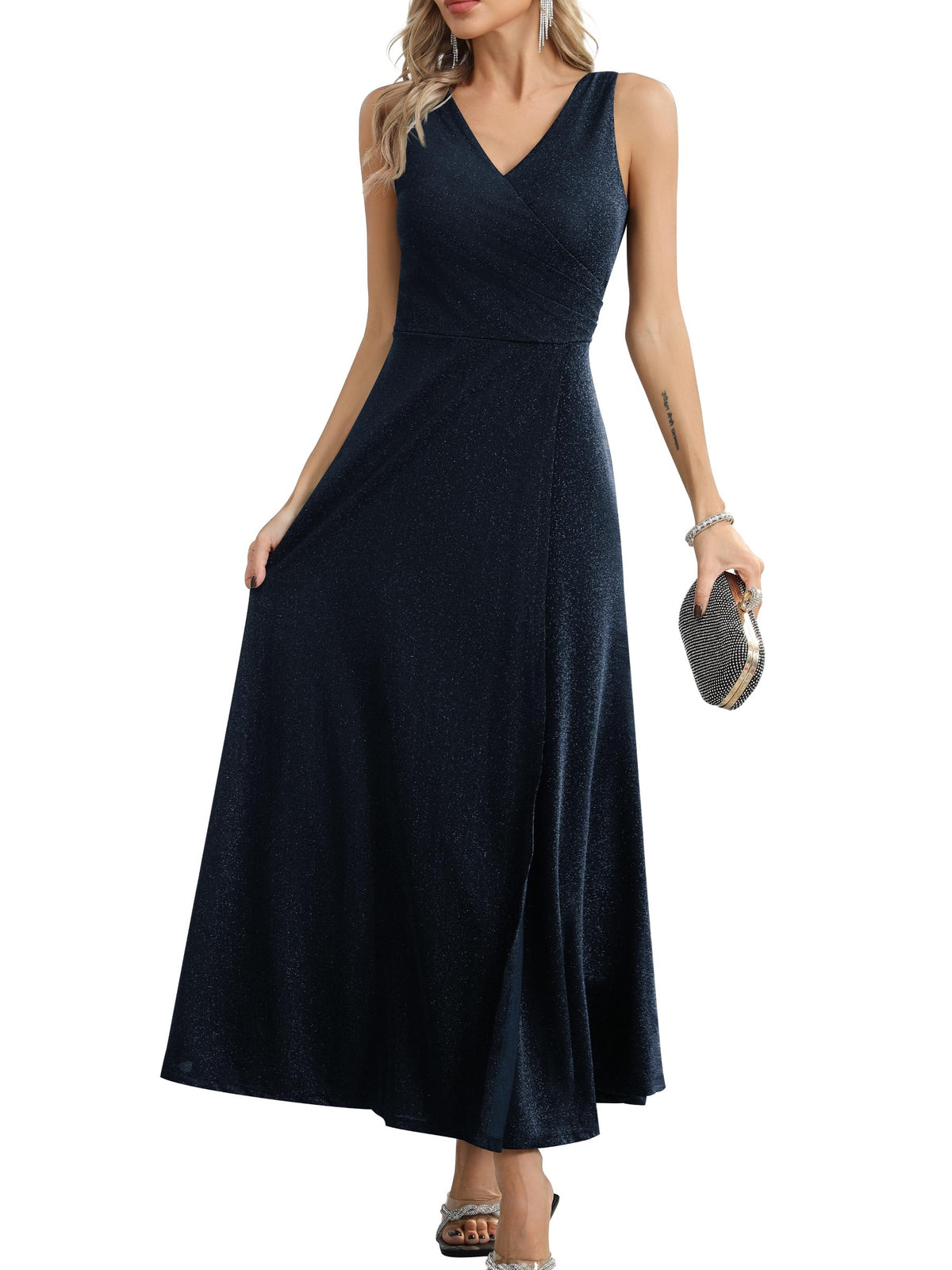 Rochie lungă de seară elegantă petrecută cu decolteu în V și crăpătură – Bleumarin XS