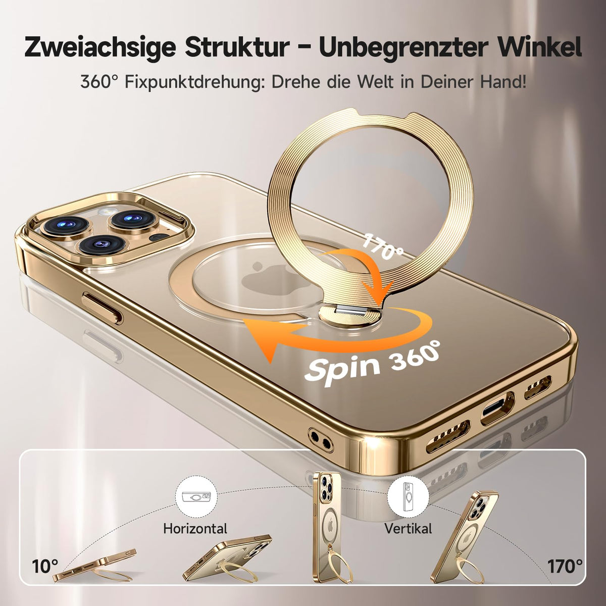 Husă magnetică 3-în-1 pentru iPhone 14 Pro Max compatibilă MagSafe cu inel rotativ 360° – Auriu
