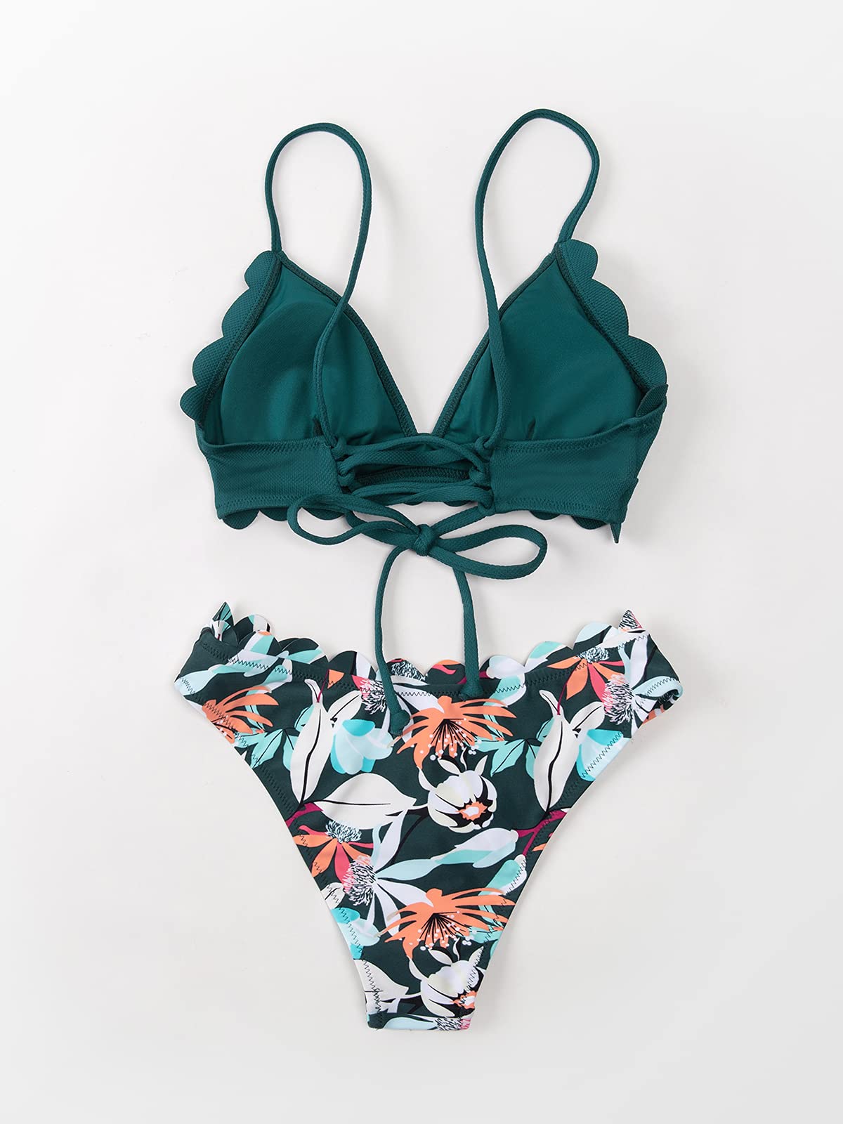 Costum de baie două piese triunghi CUPSHE cu margini ondulate și imprimeu tropical – Verde L