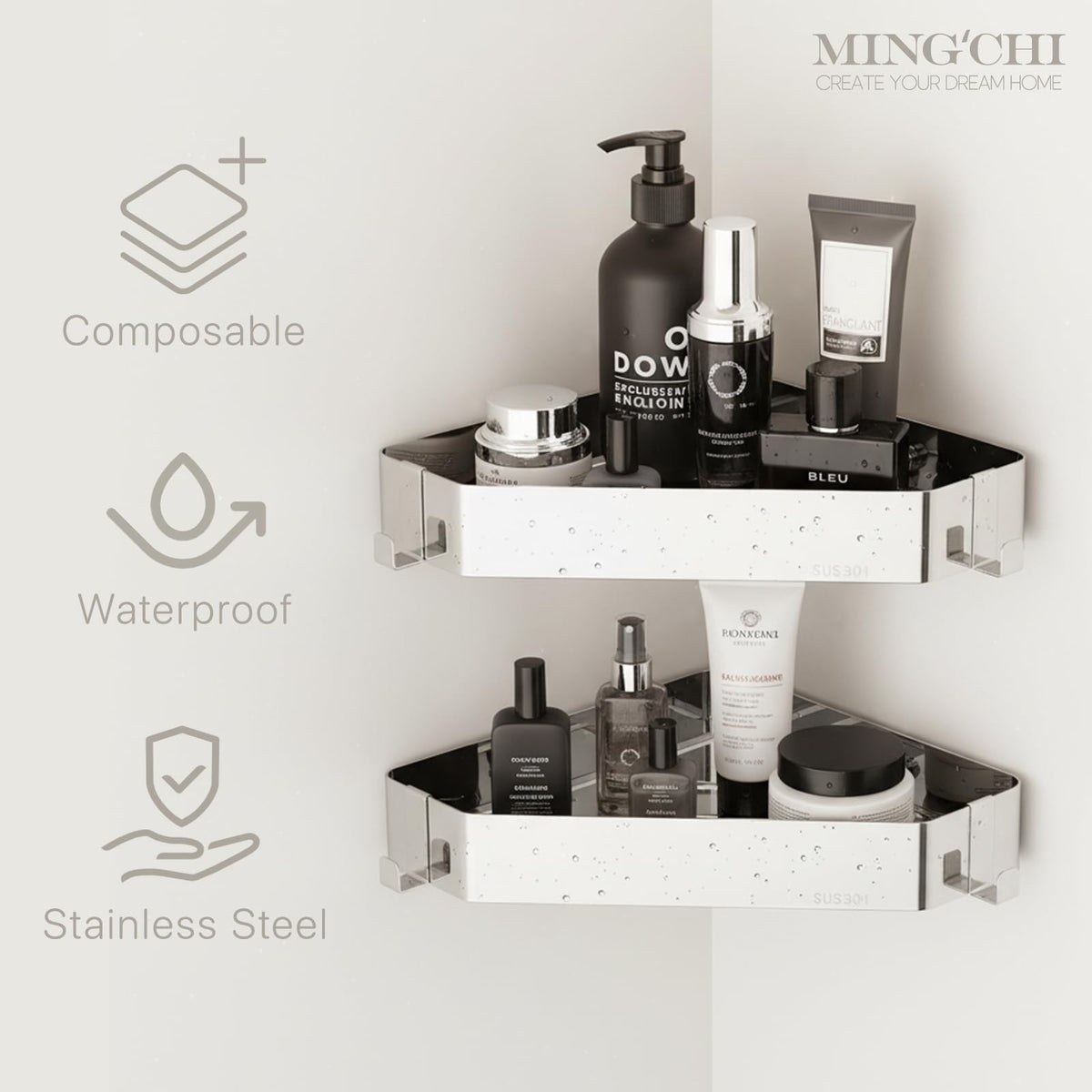 Corner Bathroom Shower Shelf 304 Stainless Steel Wall-Mount