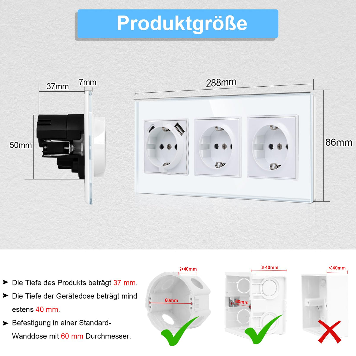 CNBINGO USB triple socket with claws - glass Schuko socket flush-mounted with USB connection - 1× (Type-C and USB-A Max.2.1 Amp) - triple white wall socket with child safety lock - JFGM1