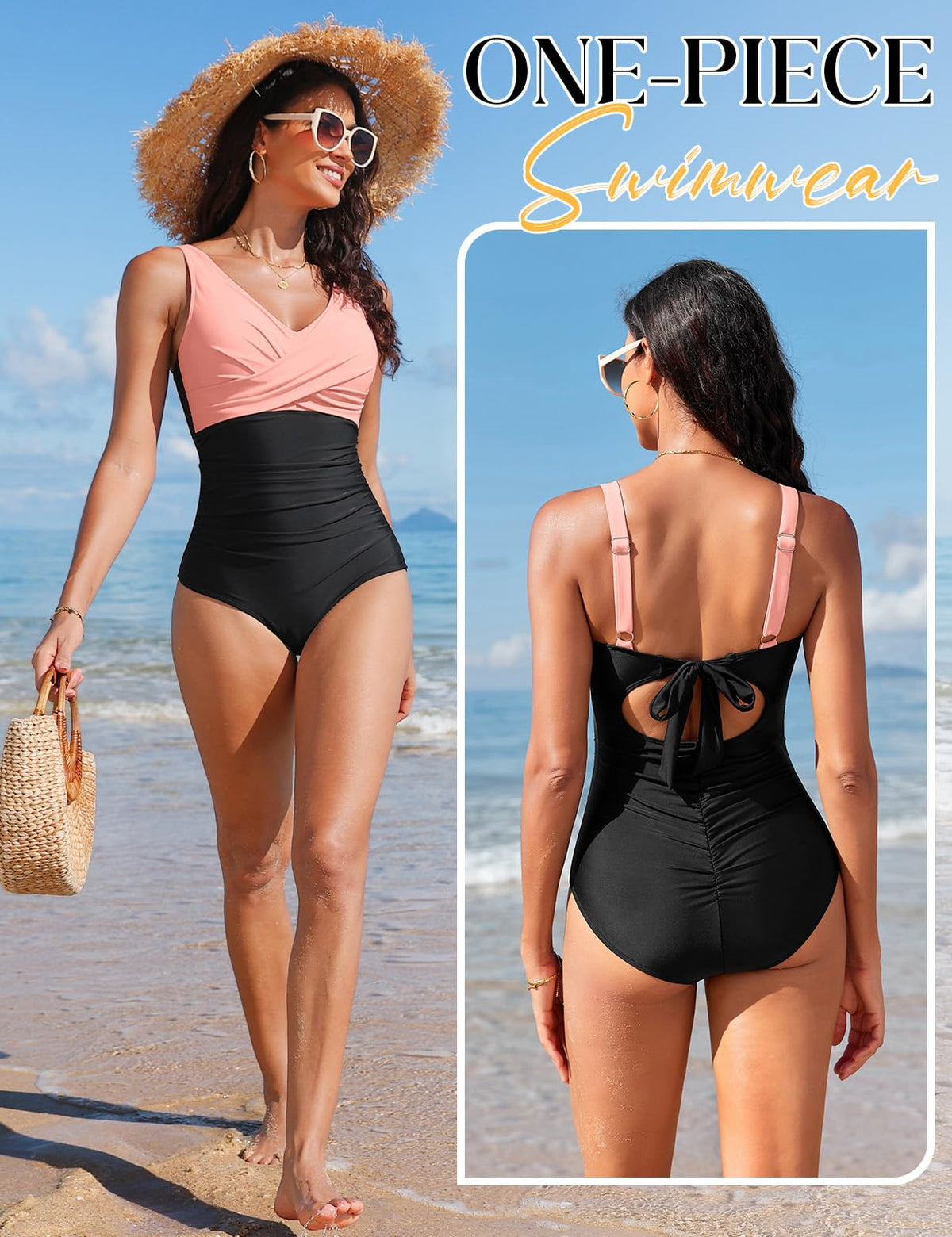 Costum de baie întreg modelator push-up buretat cu decolteu în V – Roz S