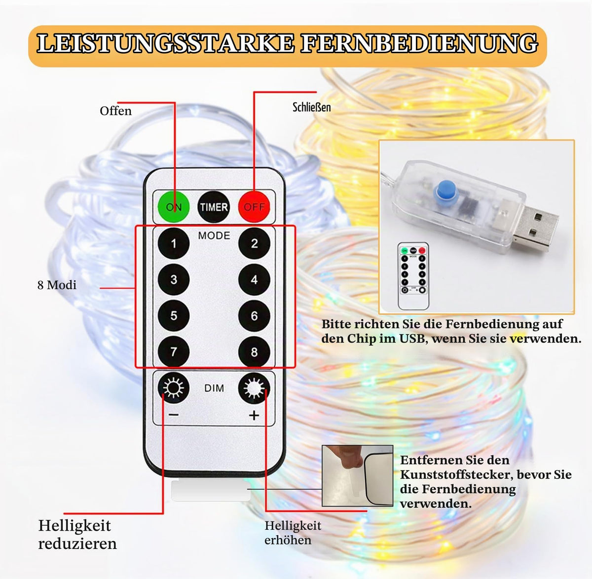 Ghirlandă luminoasă LED USB 10m 100 LED-uri cu telecomandă și 8 jocuri de lumini IP65 – Alb cald
