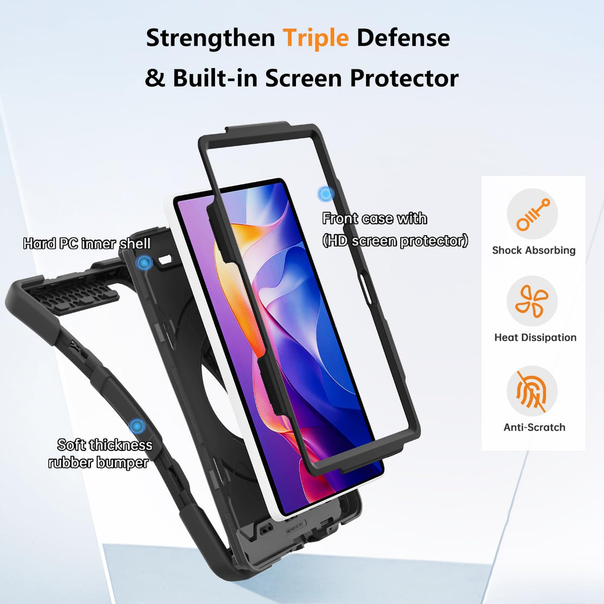 Xiaomi Redmi Pad 2 Case 11in Heavy Duty Shockproof with Screen Protector & 360° Rotating Stand – Black
