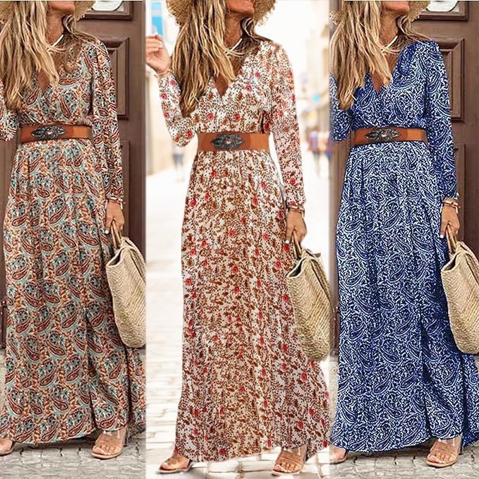 Women's Boho Floral Maxi Dress V-neck Short Sleeve High Waist with Belt – Floral