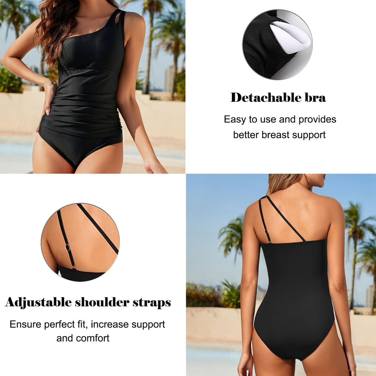 Costum de baie întreg damă USUN elegant decolteu în V push-up cu falduri modelatoare burtică