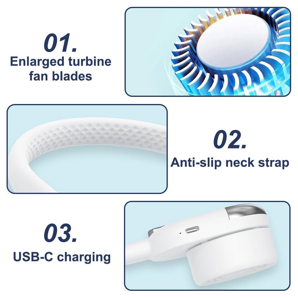 Neck Fan, Hands-Free Bladeless Neck Fan, 3 Speeds, 360° Adjustable USB Personal Fan for Men and Women, for Indoor and Outdoor Use