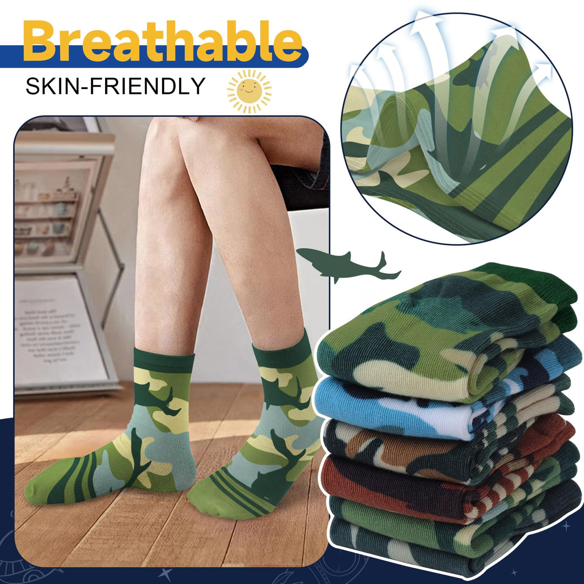 Kids’ Novelty Camouflage Shark Crew Socks 6 Pairs Breathable Soft – Size 28-32