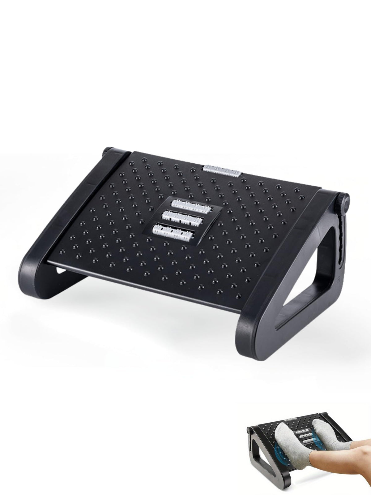 Suport ergonomic reglabil pentru picioare sub birou cu role de masaj și suprafață antiderapantă – Negru
