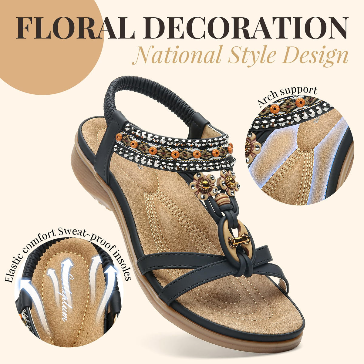 Women's Flat Sandals Rhinestone Beads Bohemian Beach Elastic Ankle Flip Flops – Various Sizes