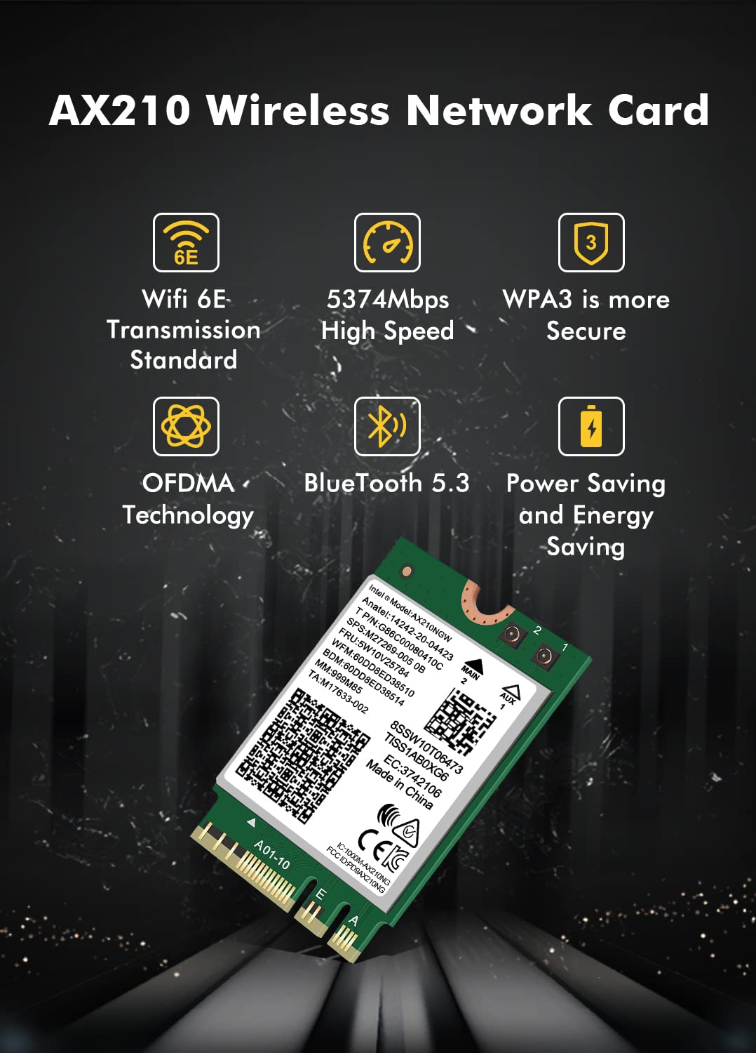 Placă de rețea wireless WiFi 6E Intel AX210 NGW cu Bluetooth 5.2 Tri-Band 5400Mbps – M.2/NGFF