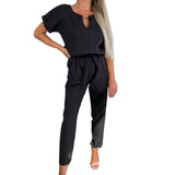 Salopetă lungă elegantă damă amropi cu mânecă scurtă și decolteu în V – Negru L