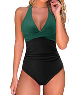 Costum de baie întreg modelator RXRXCOCO halter push-up cu spate gol – Floral Albastru Mărimea L