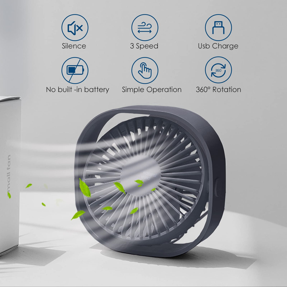 Mini ventilator silențios USB de birou Simpeak rotire 360° 3 trepte – Albastru