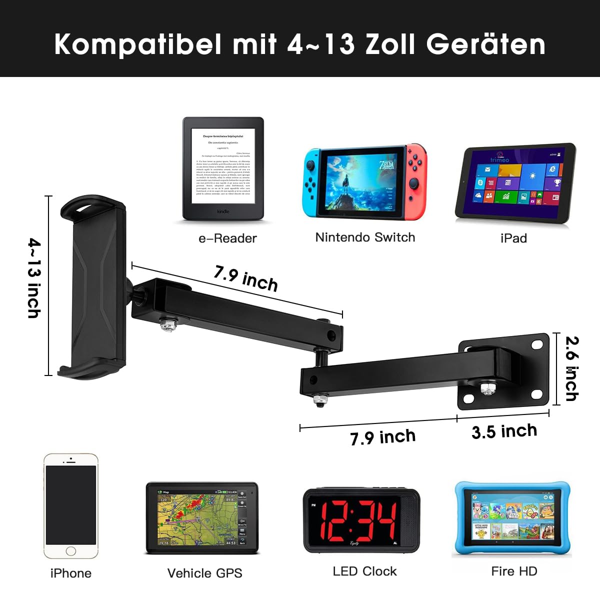 Suport de perete reglabil și retractabil pentru tabletă 4-13 inch RUIFUO rotire 360° – Negru