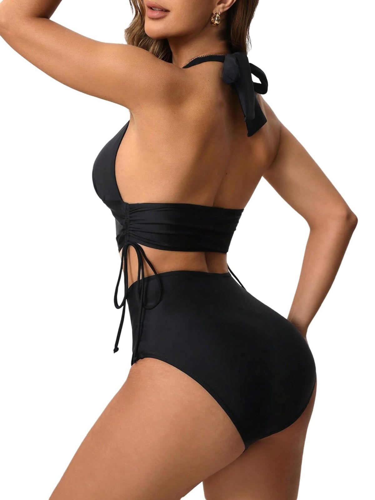 Halter 2-Piece Bikini Set Tummy Control Backless Top – Black XL