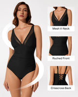Women's V-Neck Mesh Tummy-Control Swimsuit with Cups Backless – Black XL