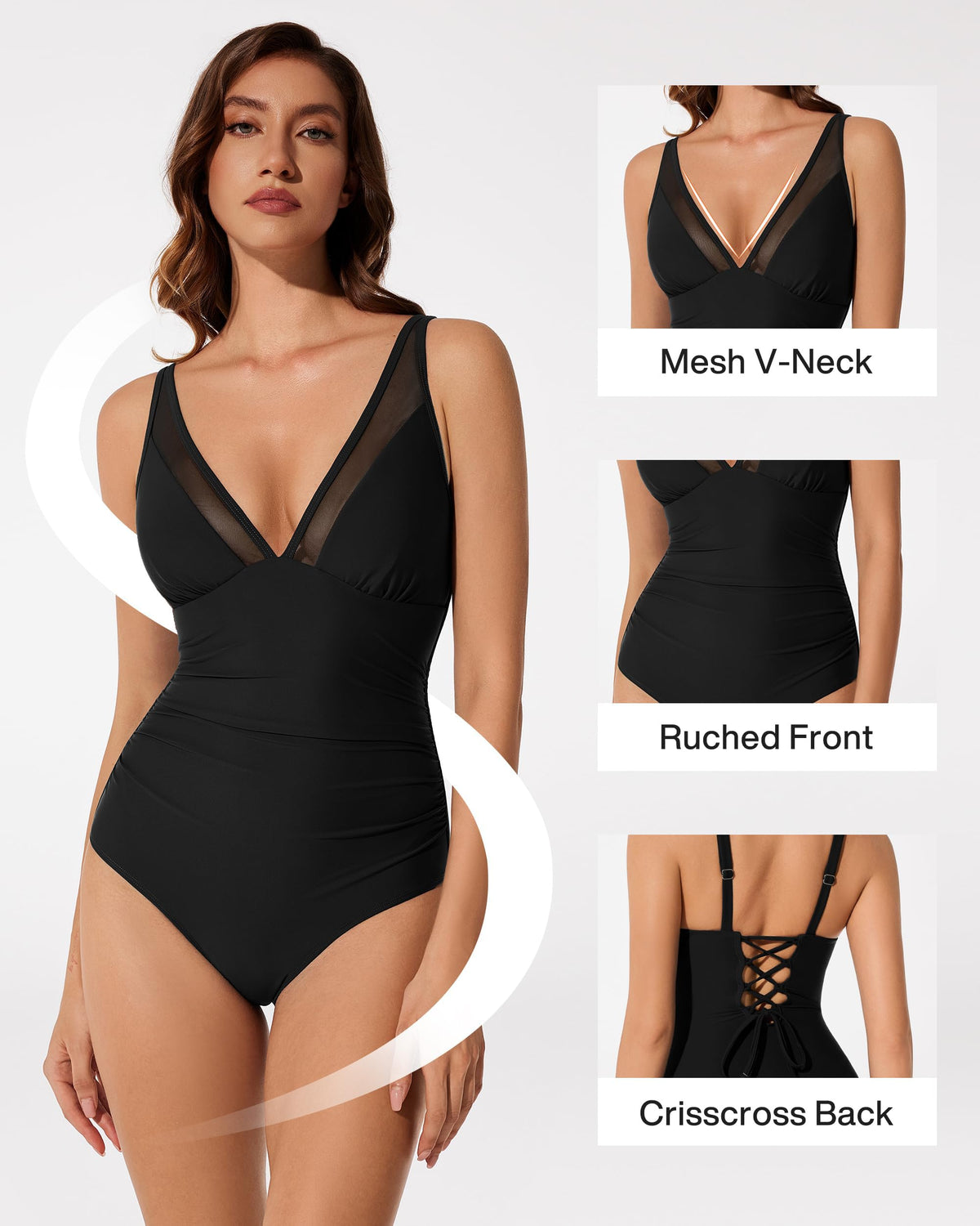 Women's V-Neck Mesh Tummy-Control Swimsuit with Cups Backless – Black XL