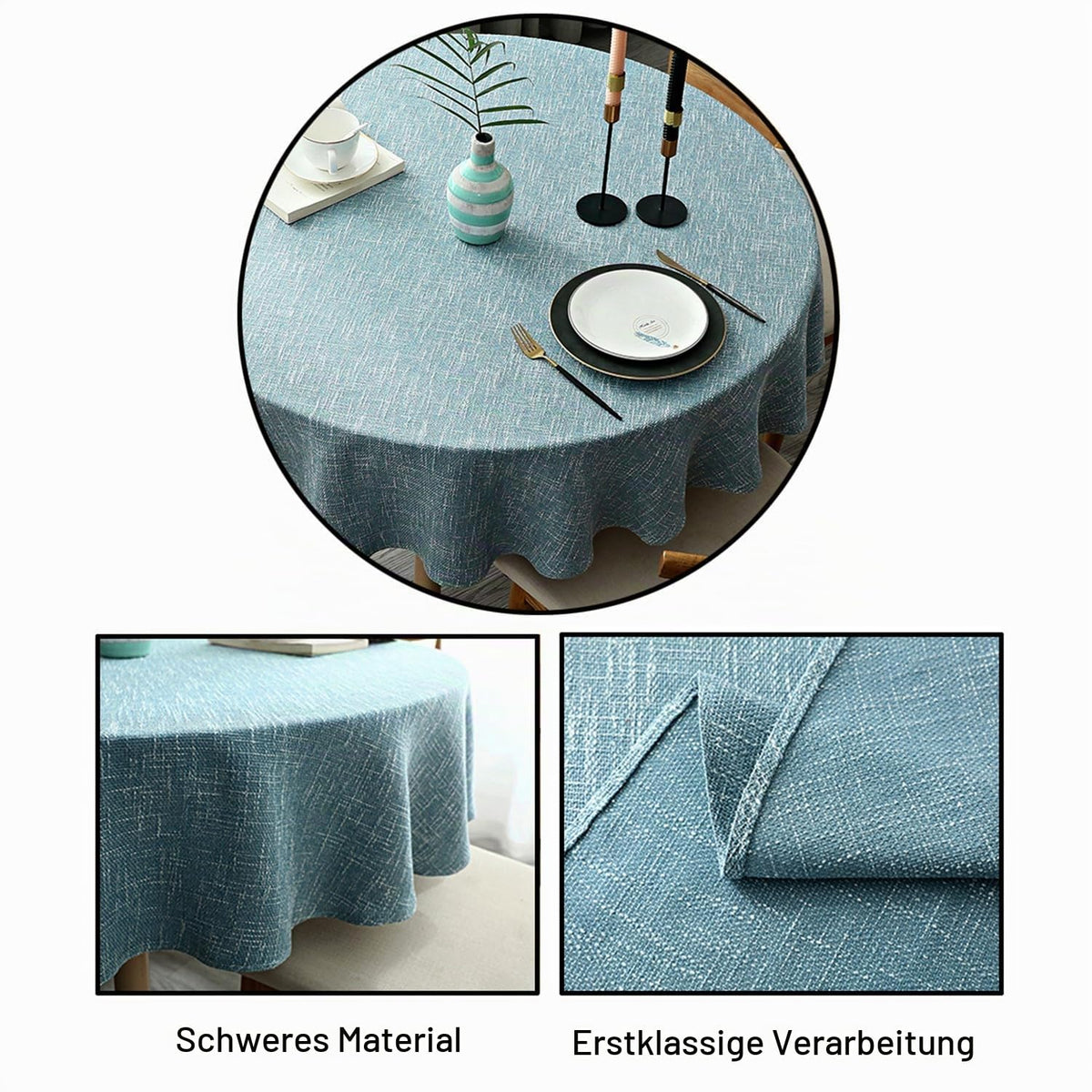 Heavyweight Round Cotton-Linen Tablecloth 180 cm – Light Blue