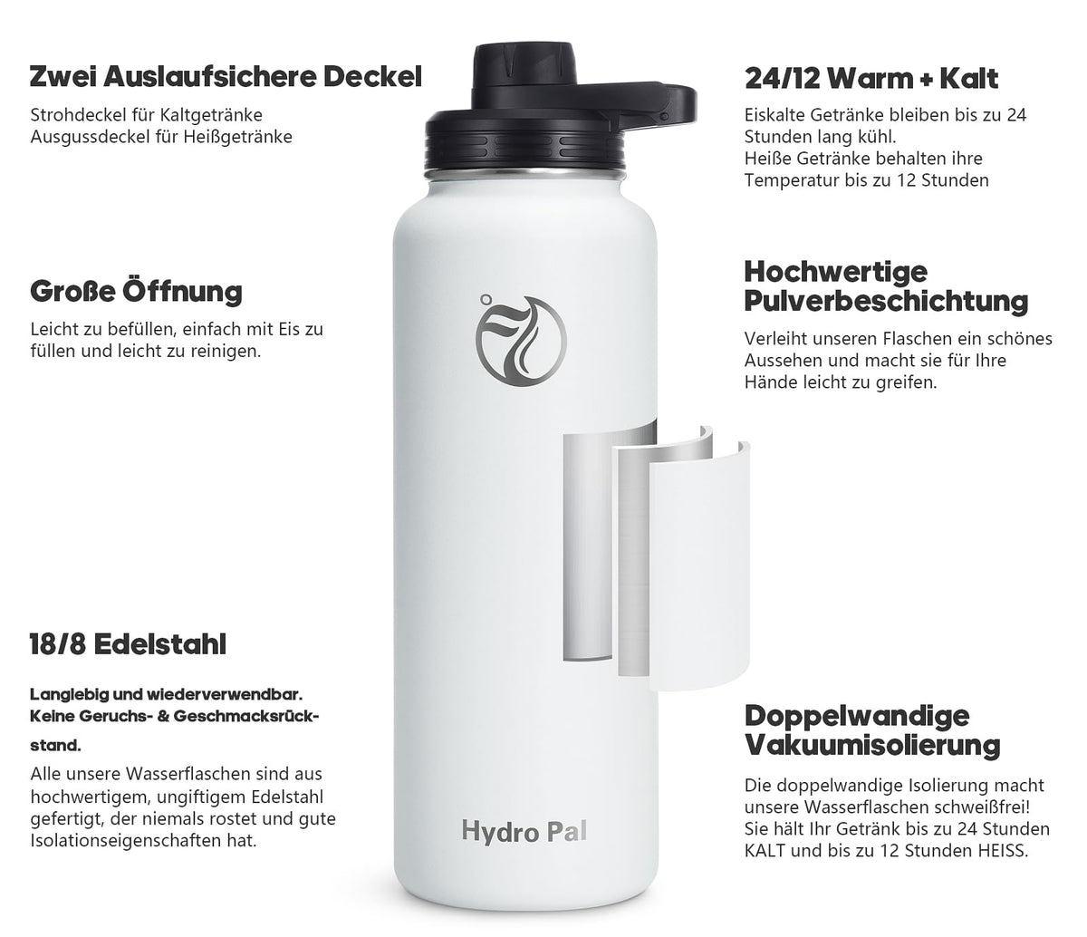 HydroPal Stainless Steel Insulated Water Bottle BPA-Free for Carbonated Drinks with Straw & 2 Lids