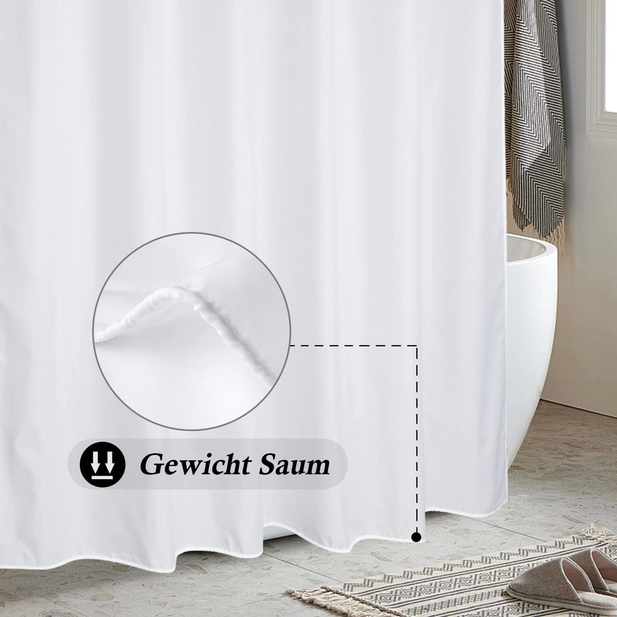 EurCross Shower Curtain 180x200 cm White Textile, Anti-mold Waterproof and Dries Quickly, Washable High-quality Fabric Shower Curtain Bathtub 1.8 x 2m Long with 12 Rings