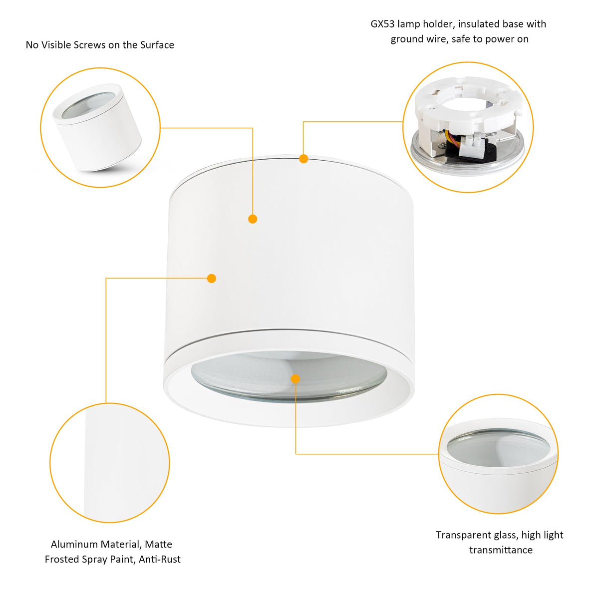 Gleonlux LED surface-mounted spotlight ceiling spot IP44 GX53, surface-mounted spotlight matt white, surface-mounted 230v, spots ceiling light round, ceiling lamp aluminum Ø84x68mm, surface-mounted light for bathroom, bathroom, no light bulb