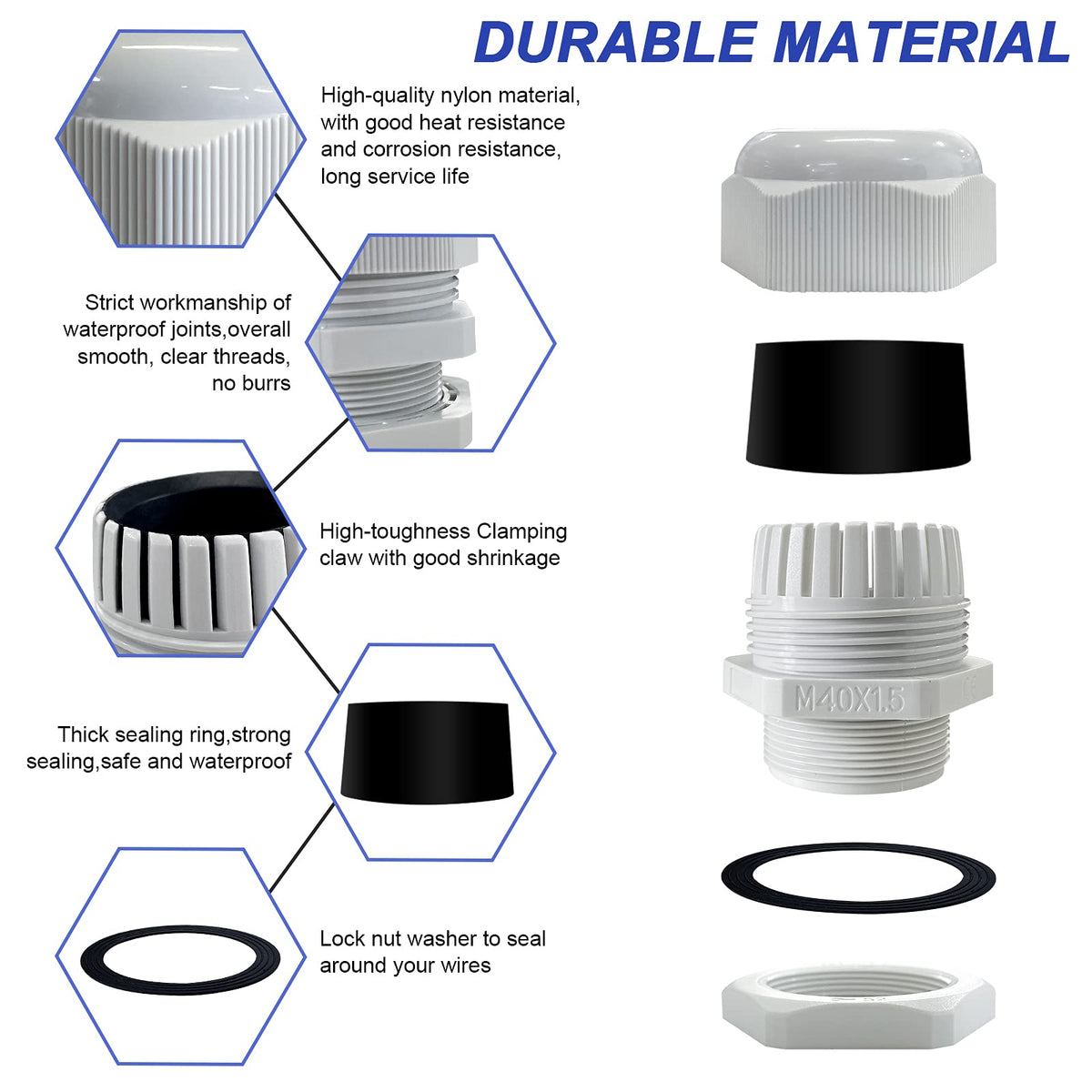 Bolatus M40 x 1.5 IP68 Waterproof Fire Prevention Cable Grommet with Lock Nut for Cable Gland 6pcs