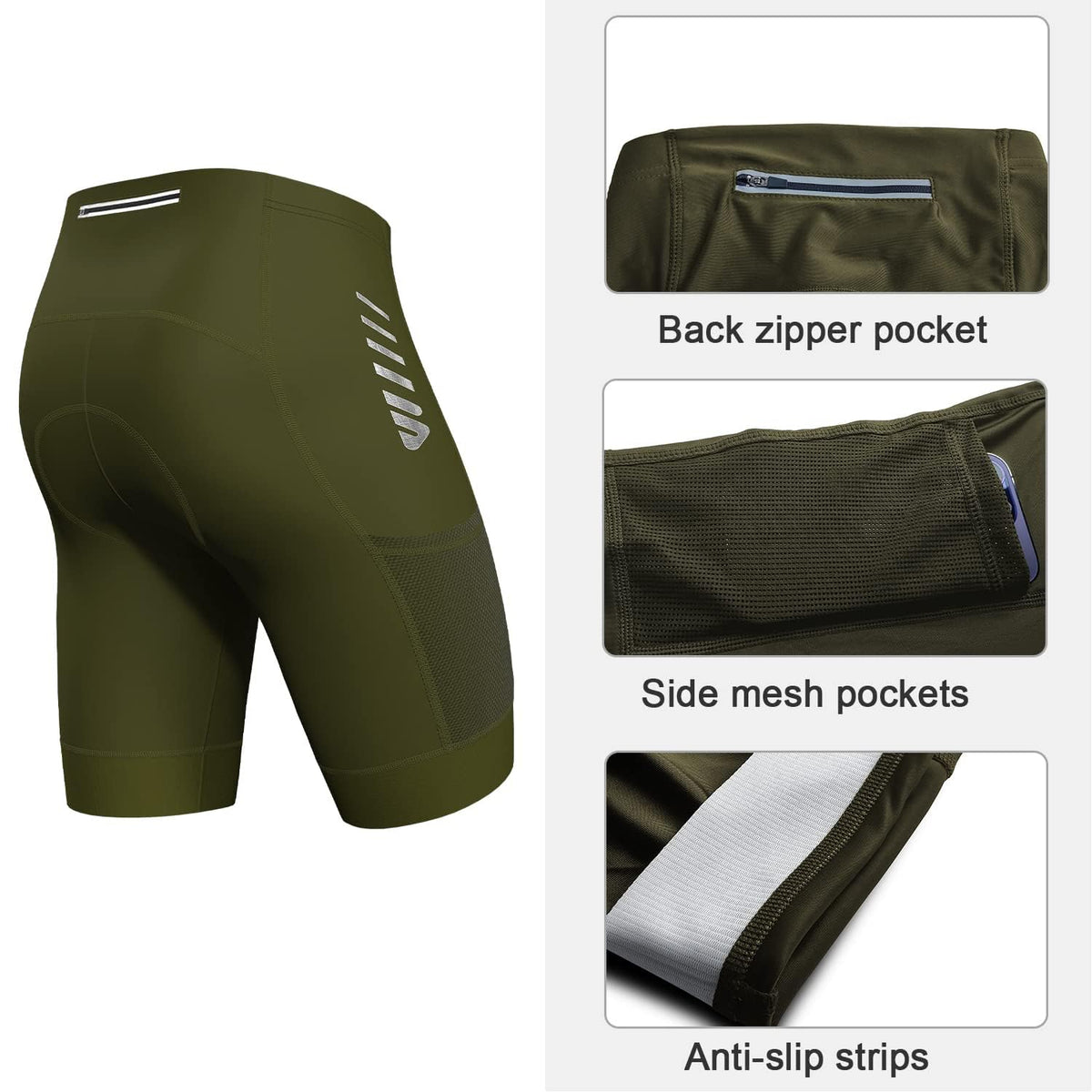 Men's 4D Padded Cycling Shorts Breathable Quick-Dry with Reflective Stripes – Green S