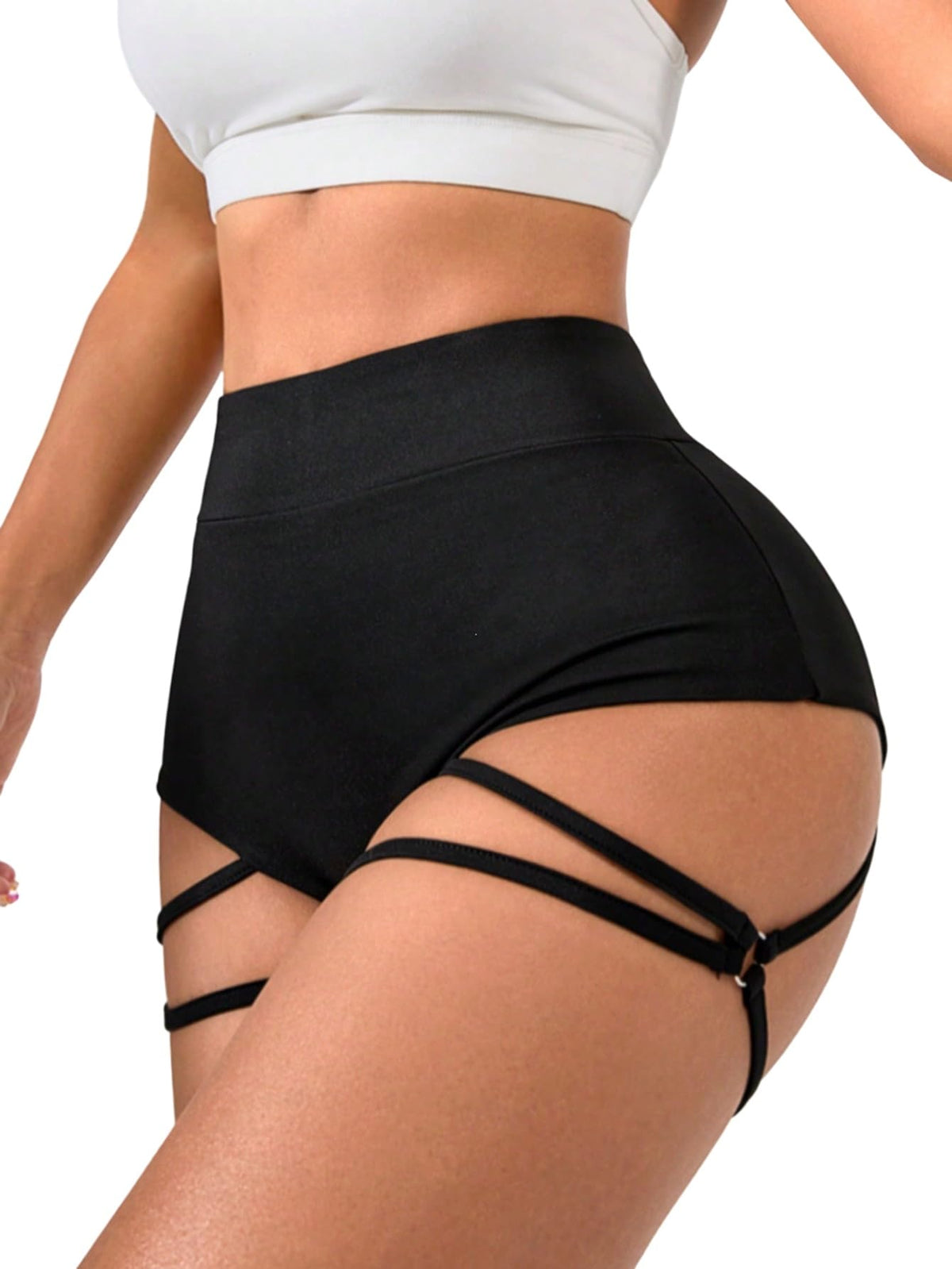 Women's High-Waist Cross-Detail Super Short Summer Shorts Fitness Clubwear – Black L