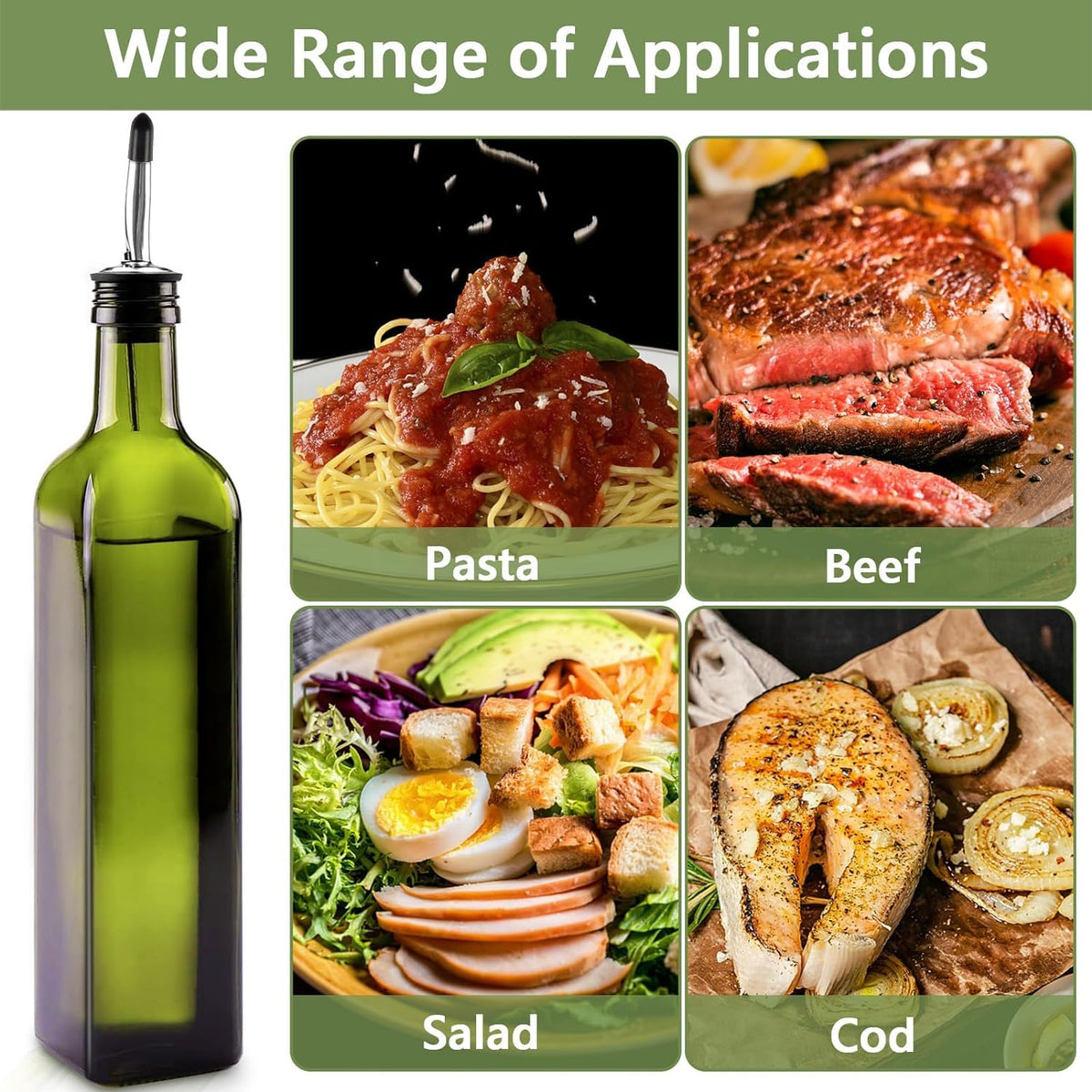 Oil & Vinegar Bottle Set 2×500ml Glass with Pourers Anti-Drip – Green
